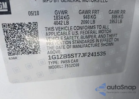 2018 Chevrolet Malibu 1Ls из США, поврежденный, VIN 1G1ZB5ST7JF241535